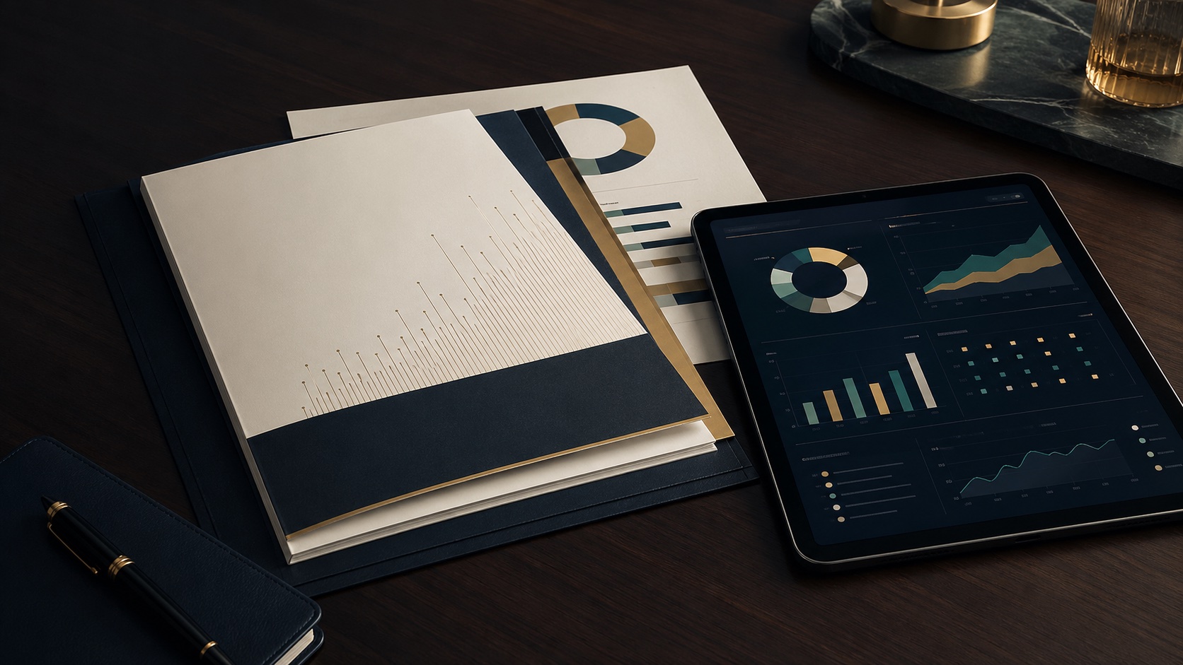 Premium wealth strategy report and tablet dashboard on a refined meeting table